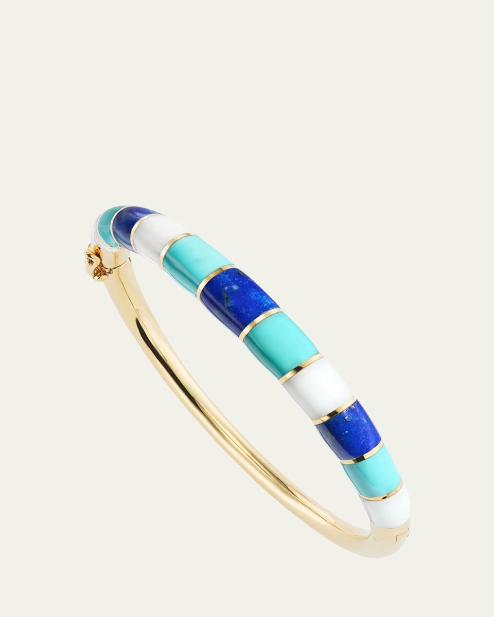 18K Yellow Gold Chunky Inlay Bangle Bracelet with Lapis, Turquoise and White Onyx